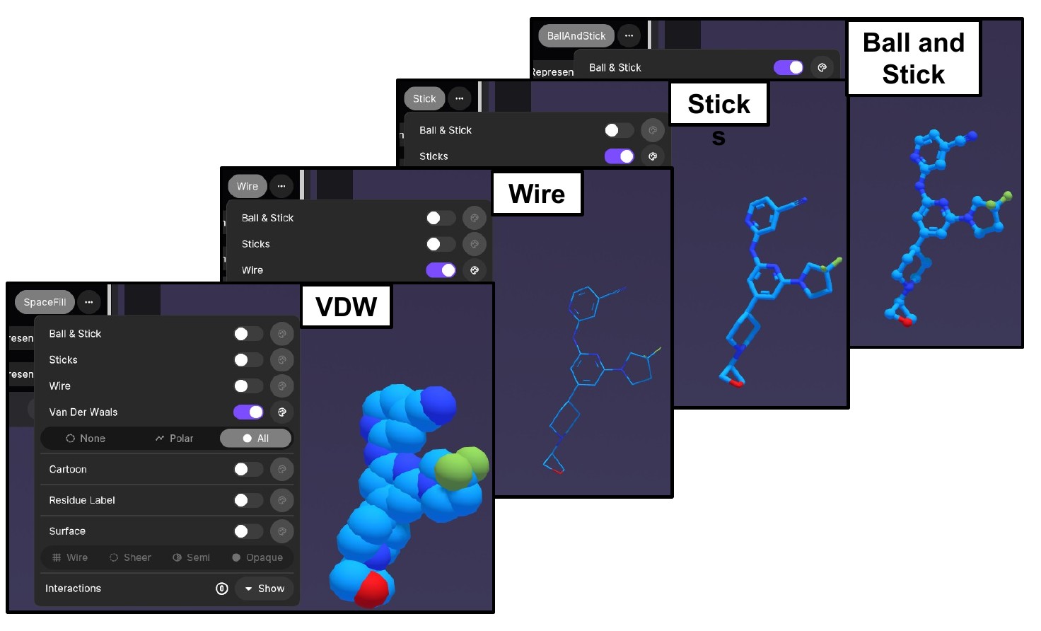 The same structure shown as Ball and Stick, Sticks, Wire, and Van der Waals spheres
