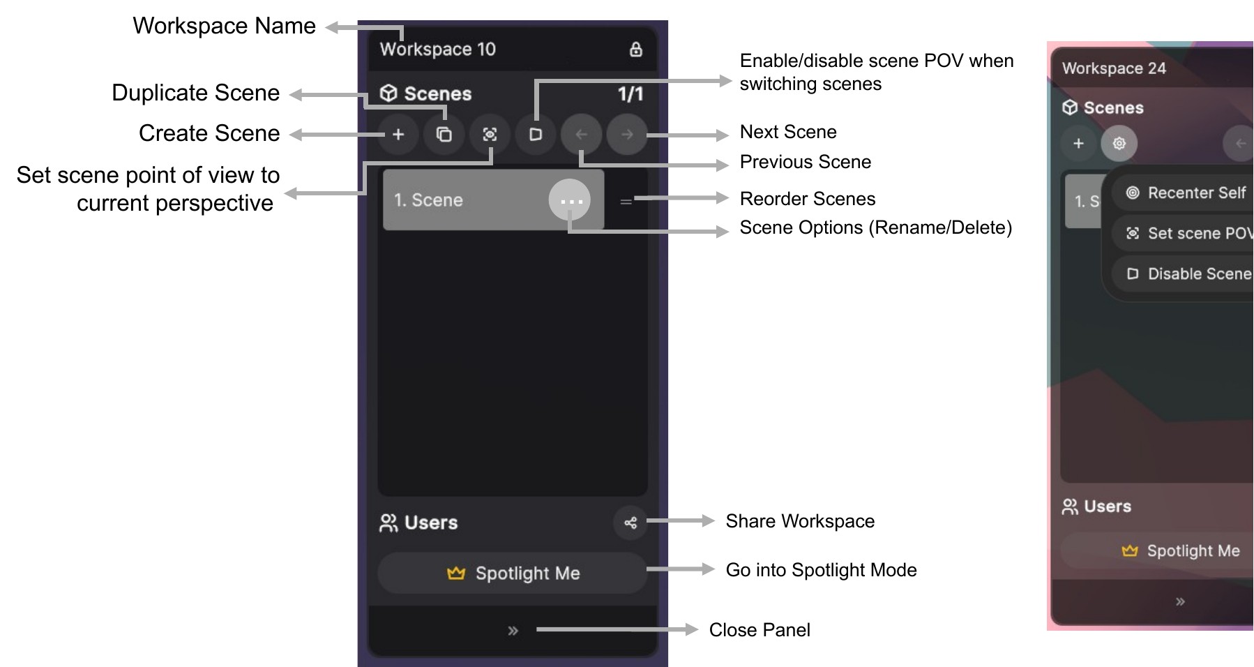 Scenes Panel with controls for creating, duplicating, setting point of view, navigating, and reordering scenes
