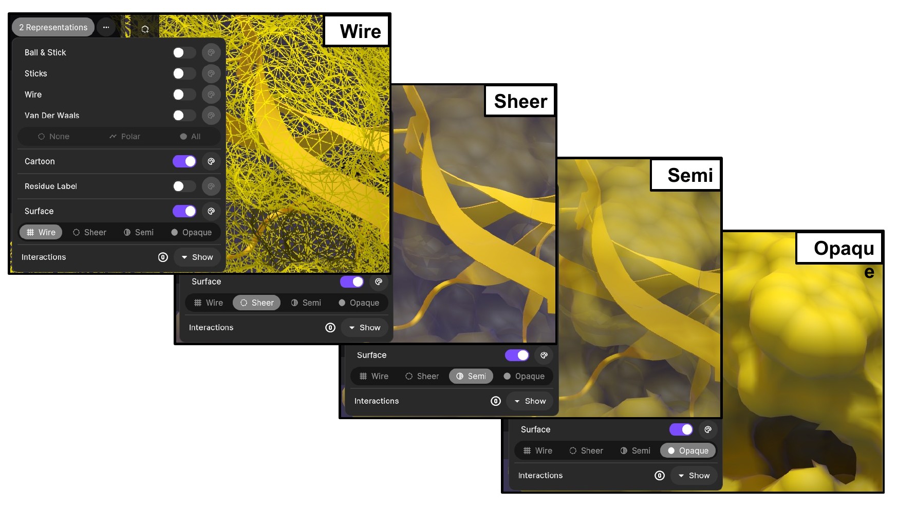 The same protein surface shown at Wire, Sheer, Semi, and Opaque density levels