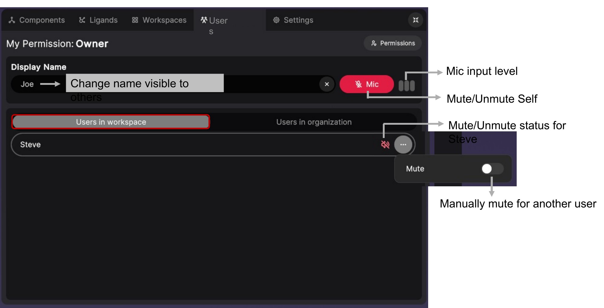 Users tab showing display name, mic input level, mute controls, and the list of users in the workspace