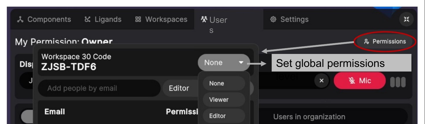 Permissions dialog in the Users tab showing the workspace code and a global permission dropdown set to None, Viewer, or Editor